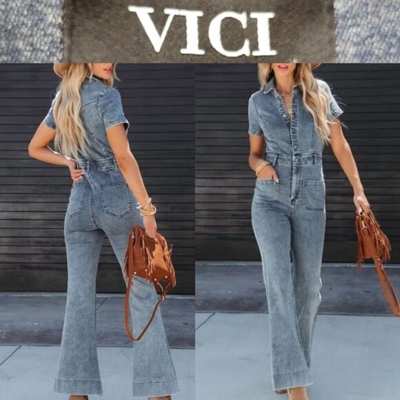 NEW VICI STRETCH FLARE WIDE LEG SHORT SLEEVE SEXY JUMPSUIT M MEDIUM TALL NWOT - Picture 1 of 4